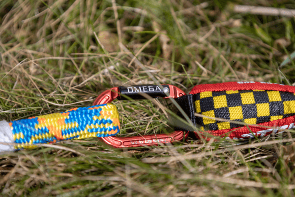 Close-up of a red climbing carabiner labeled "Omega Pacific Micro Raider Aluminum Keylock Straightgate" connecting a colorful rope with a yellow and blue pattern to a strap, against a grassy background. The carabiner is also attached to a woven black and red safety tether.
