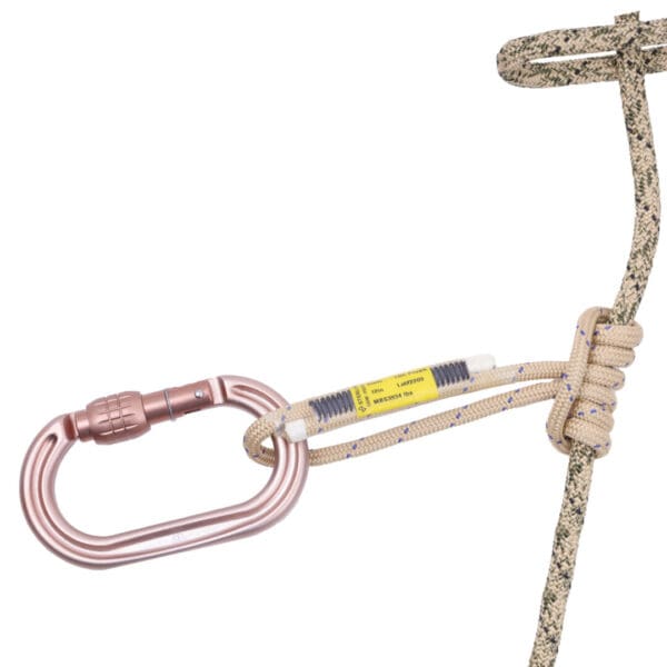 A safety Ape Canyon Outfitters 8mm Resc Tech Tether System with Screw Lock Carabiner attached to a rope loop. The carabiner is metallic and connected to an anchor using a rope tied in a secure knot. The setup is likely for climbing or securing equipment. A label with specifications is visible on the rope.