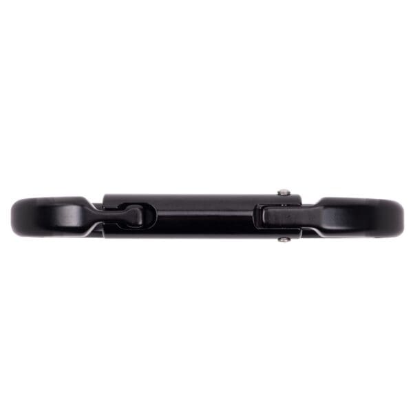 A close-up image of a black Omega Pacific Raider Aluminum Keylock Straight Gate - Black, viewed from the side. The device is sleek and modern, with a smooth, glossy surface and buttons or connectors visible on the side.