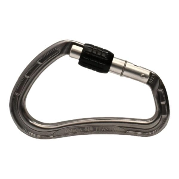 Image of a silver Omega Pacific Phantom Aluminum Keylock Screw-Lok - Gunmetal with a black locking mechanism. The carabiner has a curved shape and the Omega logo and name "Phantom" are engraved on the side.