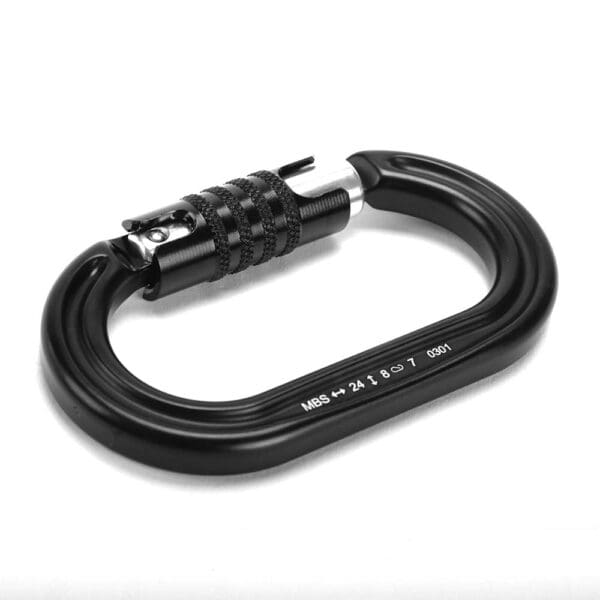 A black metal Ape Canyon Outfitters 8mm Resc Tech Lineman Belt with 3 Stage Quick Lock Carabiners. The carabiner has engraved text that reads "MBS ↔ 24 kN 8 9 7" followed by other markings. The screw-lock is textured for better grip.