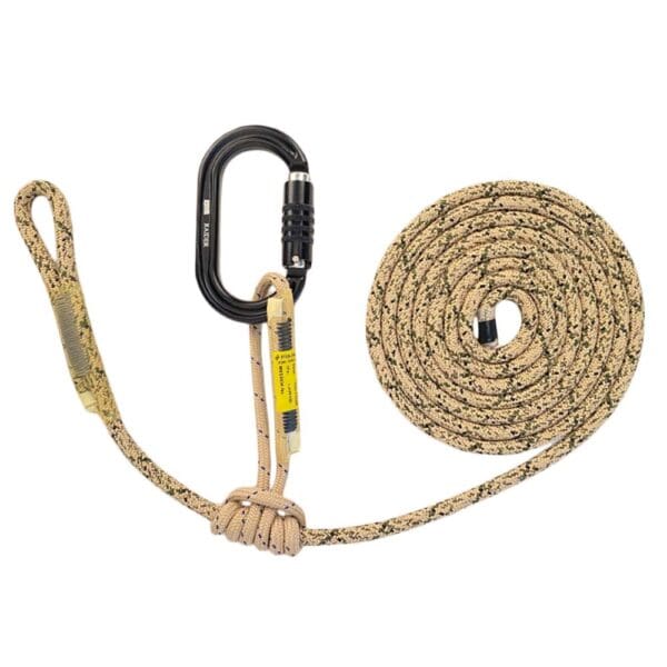**Image of an Ape Canyon Outfitters 8mm Oplux Tether System with 3 Stage Quick Lock Carabiner, including a tan and black speckled rope coiled neatly, a black carabiner, and a looped end with a secure hitch knot. The carabiner is attached to the rope near the looped end, and there is a yellow label on the rope.**