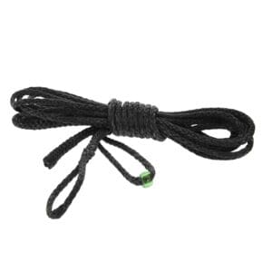 A tightly coiled black Ape Canyon Outfitters Amsteel 1/8" Whoopie 6' with a small green bead attached is displayed against a plain white background. The rope has two loops on one end and is neatly wound in the middle.