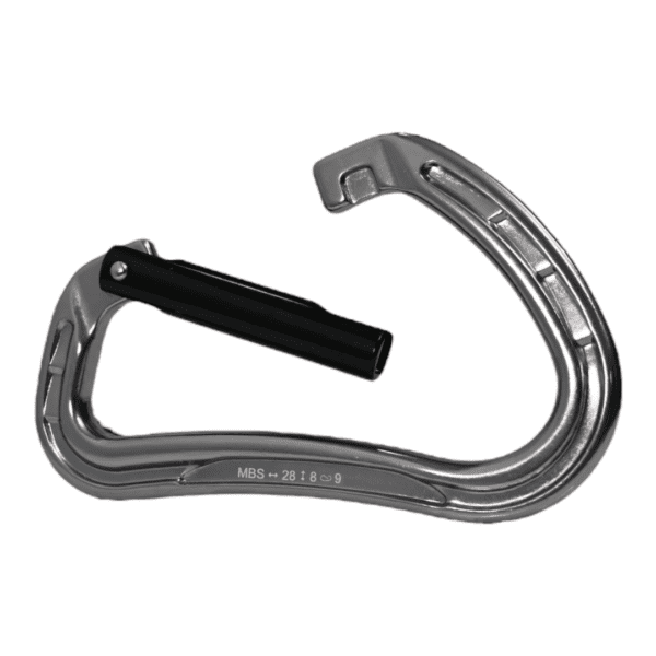 A silver, D-shaped carabiner with a black gate is shown against a white background. The carabiner has markings on its spine indicating "MBS 28 18 9" which is likely related to its strength ratings. This carabiner is an Omega Pacific Phantom Aluminum Keylock Straightgate Gunmetal.