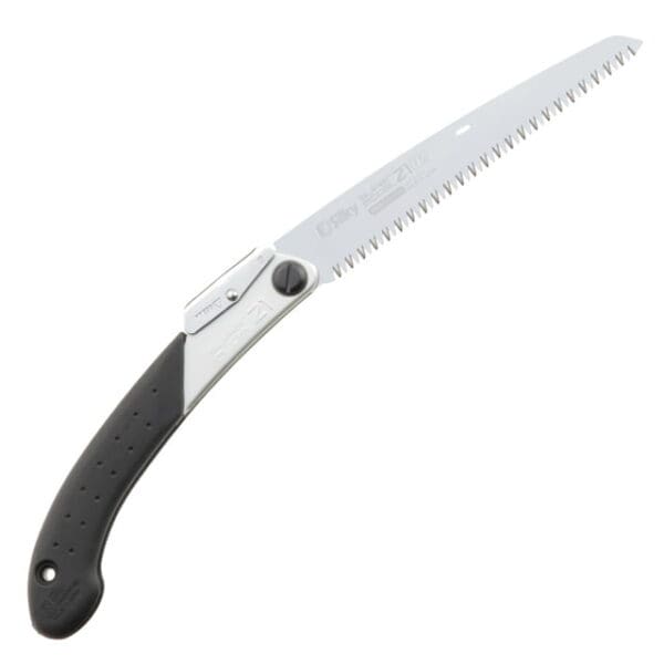 Image of a SILKY SUPER ACCEL 210 FOLDING SAW with a curved black handle and a straight, toothed steel blade. The handle has an ergonomic design with a hole near the end and a small locking mechanism where the blade meets the handle.