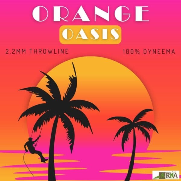 Illustration of a tropical sunset with a vibrant orange and pink sky, featuring two black silhouettes of palm trees and a climber on a throwline. Text reads "Ape Canyon Outfitters 2.2mm Orange Oasis 100% Dyneema." A small RNA logo is in the bottom-right corner.