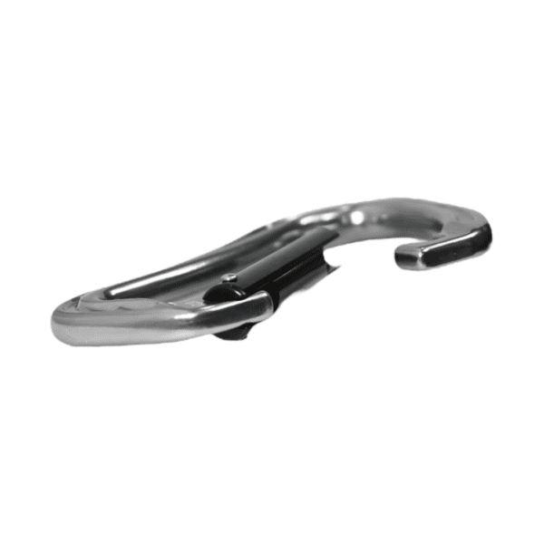 A silver S-shaped Omega Pacific Phantom Aluminum Keylock Straightgate Gunmetal with a black spring-loaded gate, intended for securing items or climbing, is shown against a white background.
