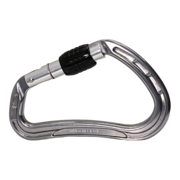 A Omega Pacific Phantom Aluminum Keylock Screw-Lok - Gunmetal with a black locking mechanism. It features the markings "MBS - 28 18 ⊗ 9" engraved on its side. The carabiner is typically used for climbing, securing gear, or other load-bearing activities.