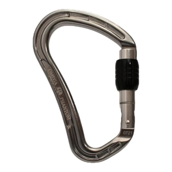 A silver Omega Pacific Phantom Aluminum Keylock Screw-Lok - Gunmetal carabiner with a black locking mechanism. The carabiner features a sleek, ergonomic design with the brand and model name etched on the side. Suitable for climbing and safety applications.