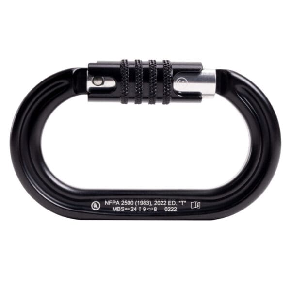 A black Omega Pacific Raider Aluminum Keylock 3-Stage Quik-Lok NFPA - Black with a twist-lock gate is shown. The carabiner has text inscribed on it, including "NFPA 2500 (1983), 2022 ED-'T'," "MBS 24 kN," and some additional text and symbols.