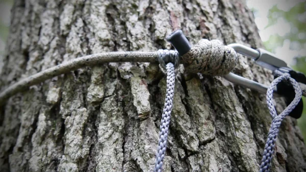 Close-up of a tree trunk with a gray braided rope secured around it using a knot. The Flexi Ohm Tether Locker is attached to the rope, ensuring it stays in place. The rough texture of the tree bark is visible, emphasizing its natural appearance.
