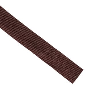 A close-up of a 3/4" Brown Flat Nylon Webbing, displayed diagonally across a white background. The texture of the material is detailed, indicating a sturdy and durable fabric.