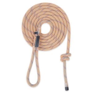 A coiled, multi-colored Ape Canyon Outfitters 9mm Canyon Elite Tether with a loop at one end and a knot at the other is displayed against a white background. The rope features a blend of orange, white, and black patterns.