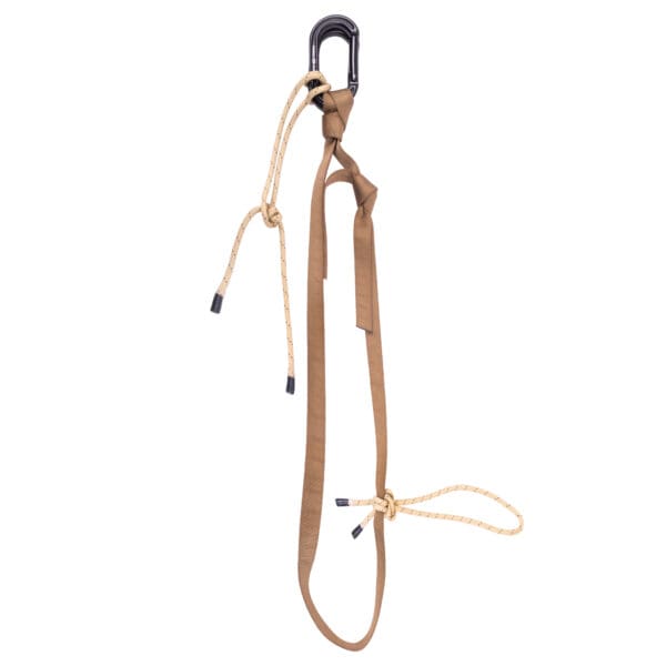 A JRB Garda Hitch Footloop Kit with adjustable straps and a black carabiner clip attached to the top. The harness features a loop for securing the dog and is designed for safety and comfort. The carabiner provides an easy attachment for leashes or other gear.
