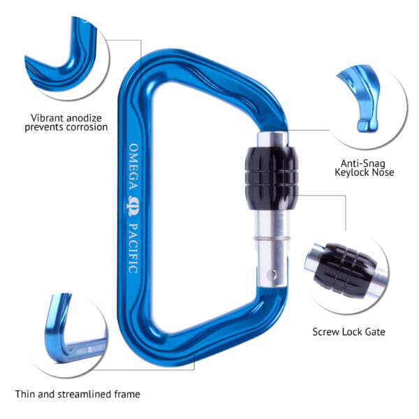 Image of a blue Custom Omega Pacific Standard D Aluminum Keylock Screw-Lok NFPA (5 Pack) carabiner with labeled features. "Vibrant anodize prevents corrosion" points to the color. "Anti-Snag Keylock Nose" shows the design preventing snags. "Screw Lock Gate" highlights the secure locking mechanism. "Thin and streamlined frame" describes its shape.