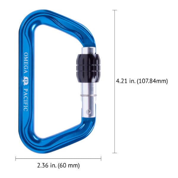 A Custom Omega Pacific Standard D Aluminum Keylock Screw-Lok NFPA (5 Pack) with a black locking mechanism is displayed. Dimensions are marked: 4.21 inches (107.84mm) in height and 2.36 inches (60mm) in width. The carabiner has the brand name "Omega Pacific" printed vertically on one side.