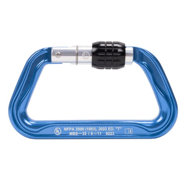 A blue, pear-shaped Custom Omega Pacific Standard D Aluminum Keylock Screw-Lok NFPA (5 Pack) with a black twist lock gate mechanism. The carabiner is marked with safety certifications and specifications, including "NFPA 2500 (1983), 2022 ED. 'I'," "MBS=33 kN," and others, indicated in white text.