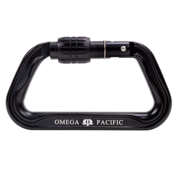 A Custom Omega Pacific Standard D Aluminum Keylock Screw-Lok NFPA (5 Pack) is displayed against a white background. The words "OMEGA PACIFIC" are printed in white lettering on the bottom side of the carabiner.
