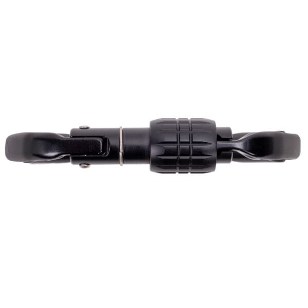 A Custom Omega Pacific Standard D Aluminum Keylock Screw-Lok NFPA (5 Pack) with a central rotating joint and wheel mounts on both ends. The design features a knurled central grip and smooth, rounded hardware components. It’s likely used for furniture or equipment mobility.