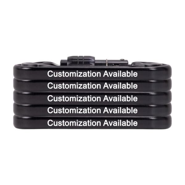 A black *Custom Omega Pacific Standard D Aluminum Keylock Screw-Lok NFPA (5 Pack)* is shown in its collapsed form. The lock's segments are stacked neatly, one on top of the other. Each segment displays the phrase "Customization Available" in bold white text.