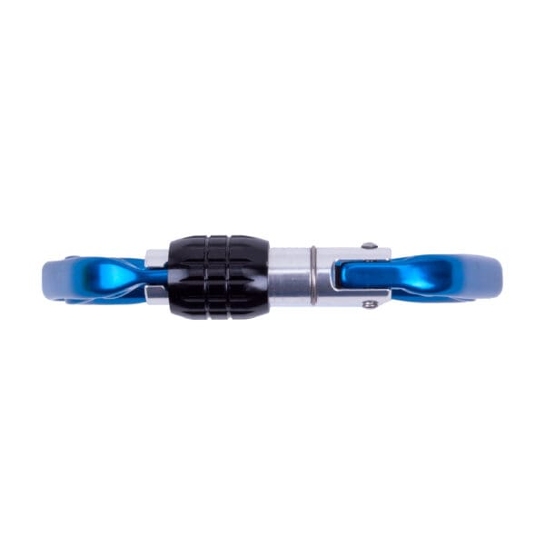 A top view of a blue and black Custom Omega Pacific Standard D Aluminum Keylock Screw-Lok NFPA (5 Pack) with a screw-lock mechanism. The carabiner has a compact, oval shape and appears to be made of metal, featuring a secure locking gate.