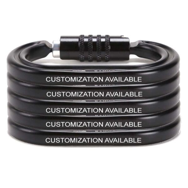 A coiled black cable bike lock with a combination mechanism. The lock is labeled with the repeated words "DIEGO - Custom Text - Test." The lock showcases a spiral design and a silver dial for code input.